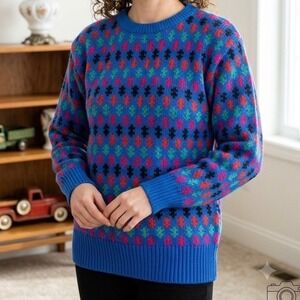 Vintage Knit Concepts Blue Geometric Fair Isle Crewneck Sweater Retro 80s 90s L